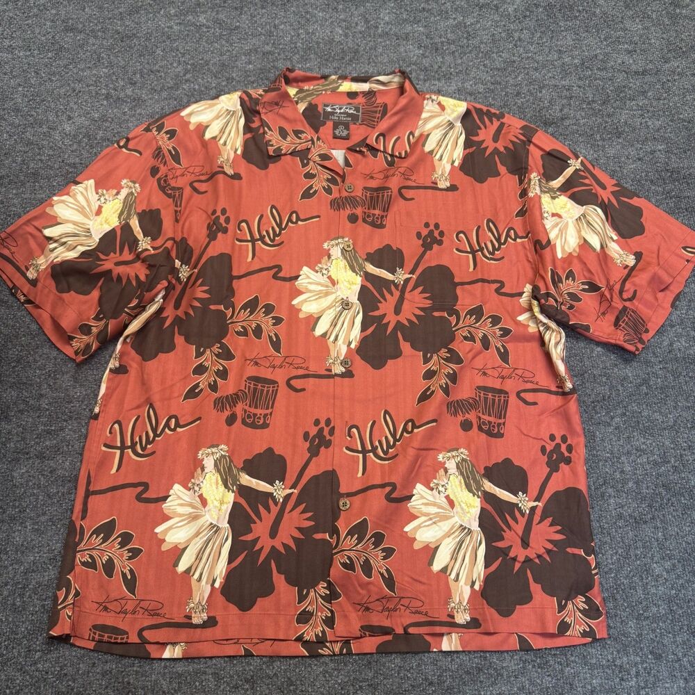 VTG Kim Taylor Reece Hilo Hattie Hawaiian Shirt Mens L 100% Silk Red Hula Floral